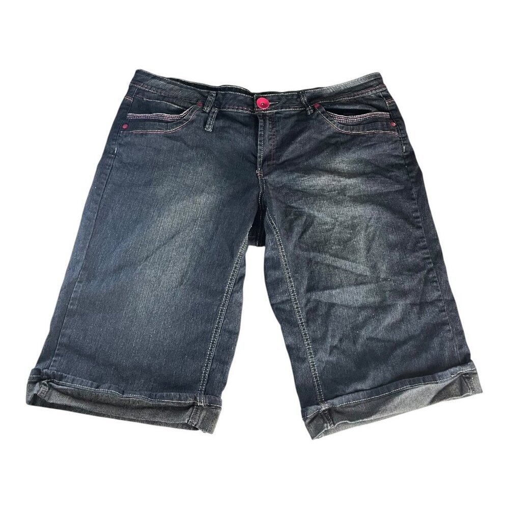Zip Womens Stretch Denim Bermuda Shorts Size 24 Blue‎ Five-Pocket Button Closure